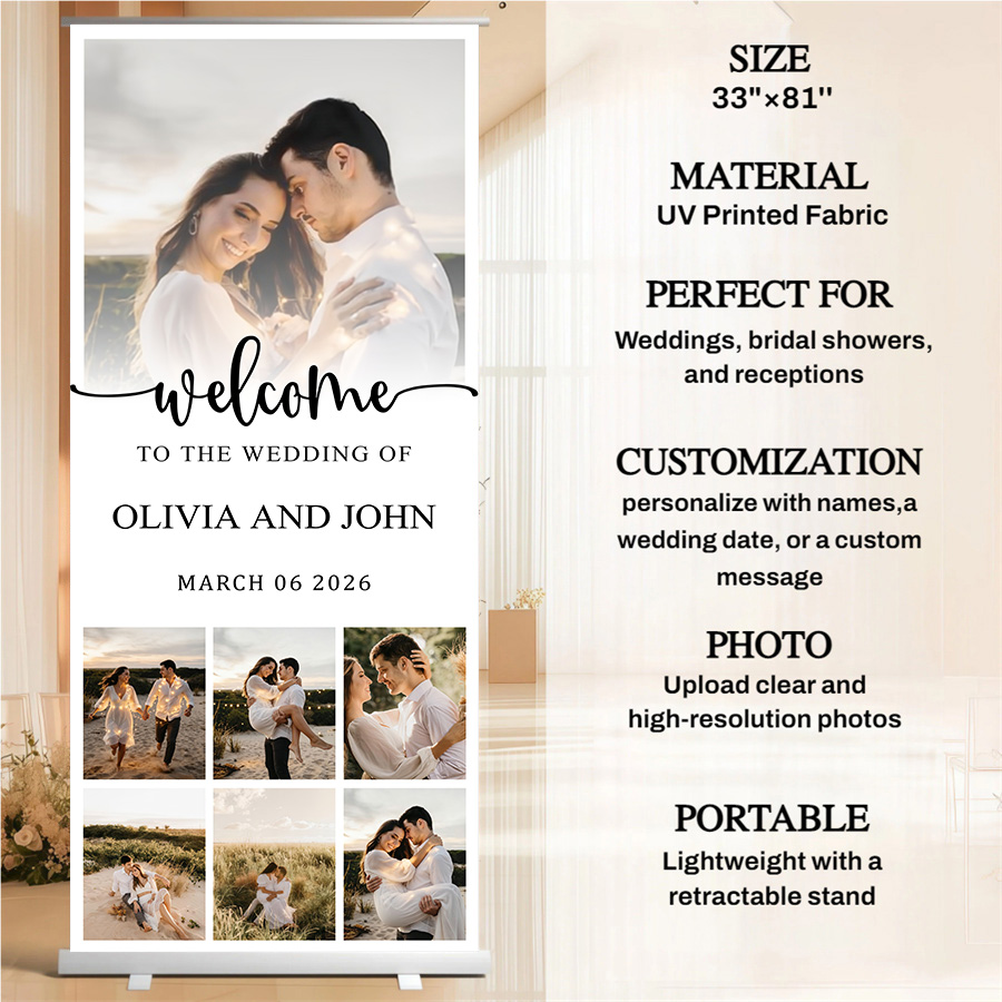 Customized wedding retractable banners - personalized photo wedding welcome signs, reception decorations and background curtains